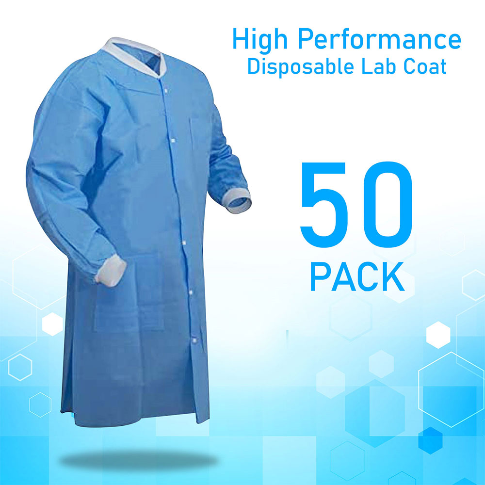Blue Disposable Lab Coats 3 Pockets Knee Length (Case of 50)