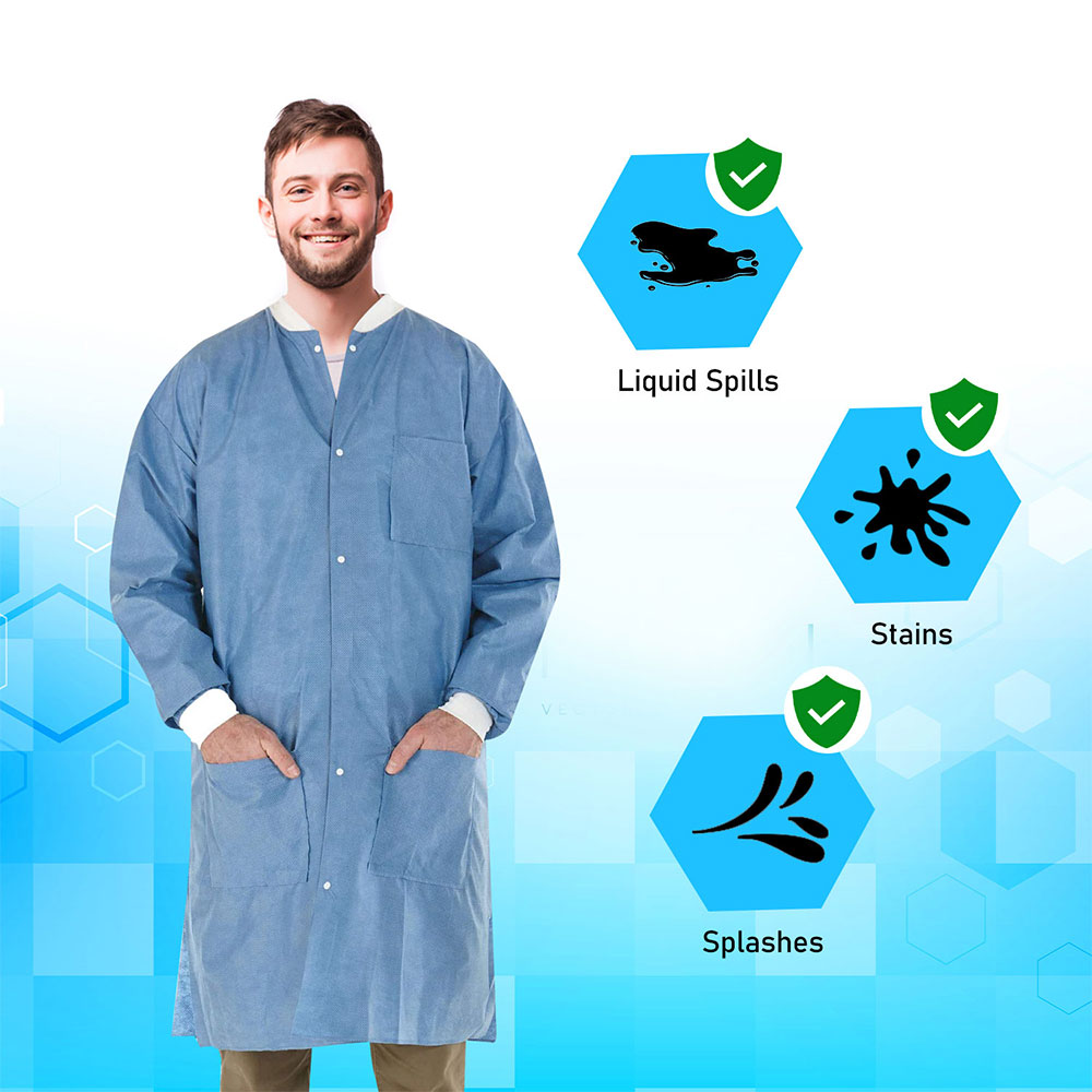 Blue Disposable Lab Coats 3 Pockets Knee Length (Case of 50)